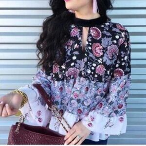 LOFT Dahlia Garden Floral Keyhole Bell Sleeve Blouse Size XS